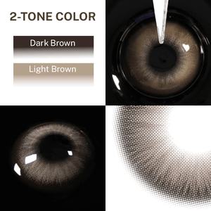 Close-up of the black background and edge details of the Nut Brown contact lens, two colors of the product on the upper left