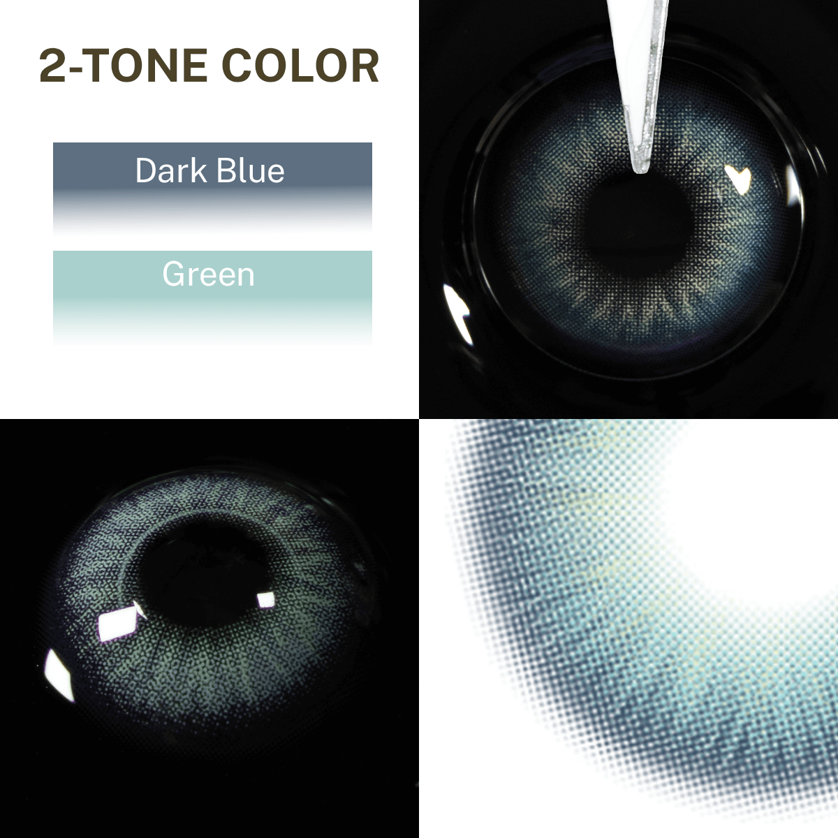 Close-up of the black background and edge details of the Nut Green contact lens, two colors of the product on the upper left