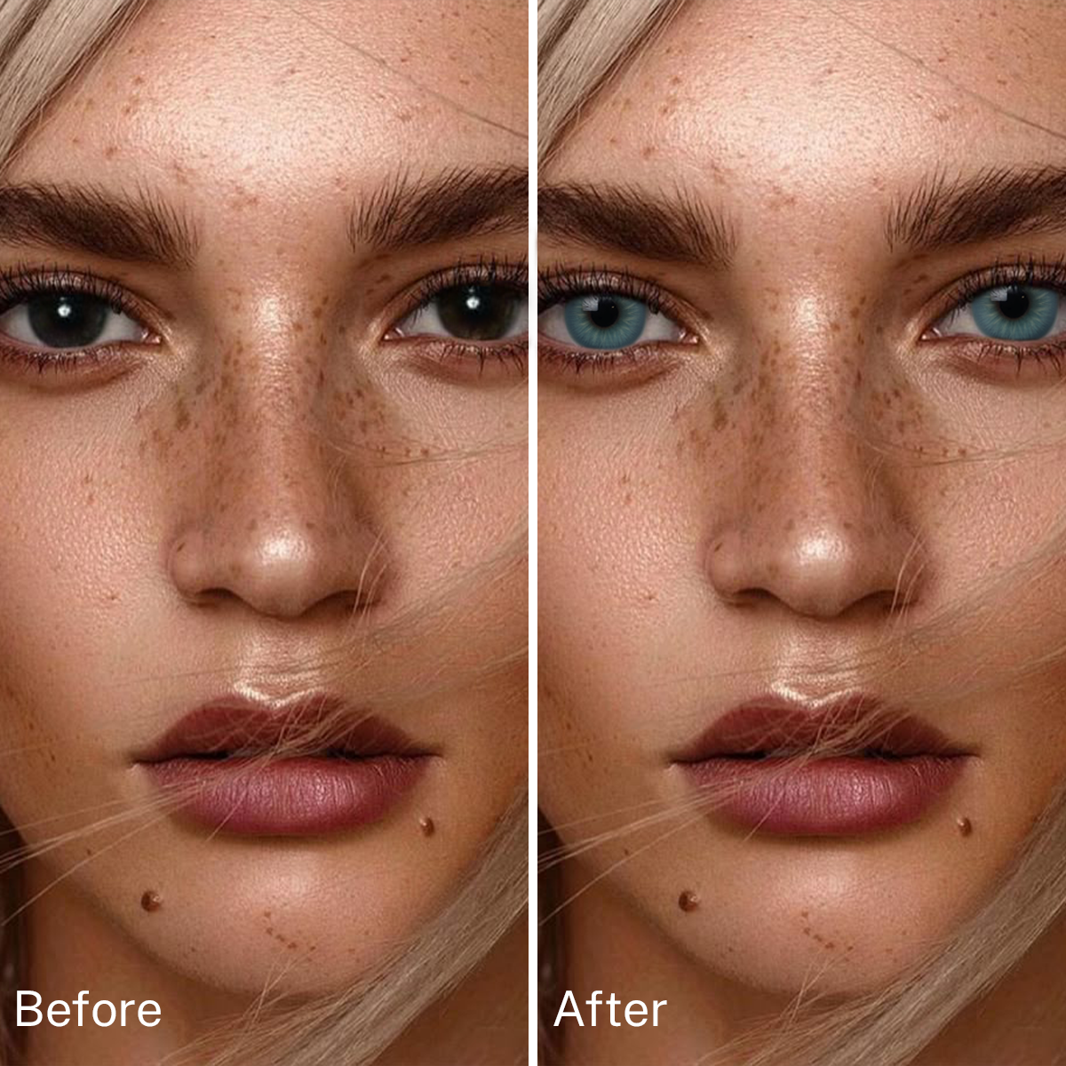 Girl wearing Nut Green contact lenses before and after effect