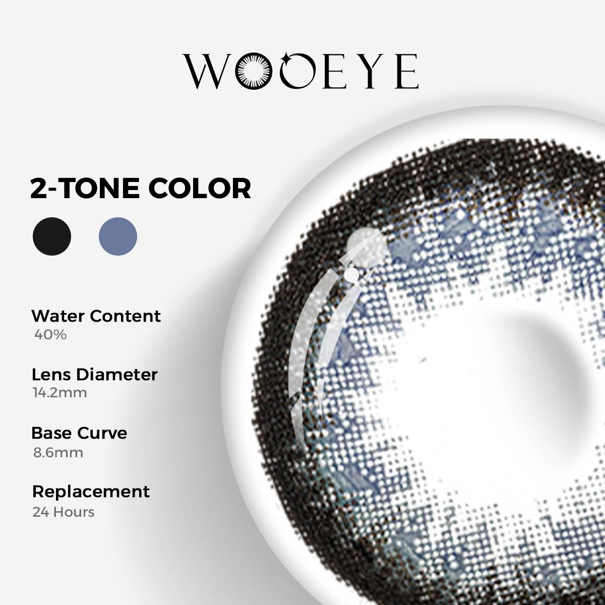 Olive Green Color Contacts specifications: 14.2mm diameter, 8.6mm base curve, and 40% water content for daily comfort.