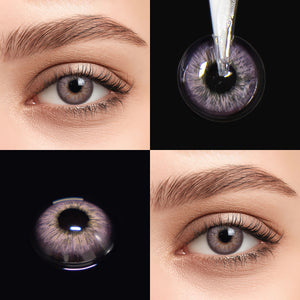 Brown eyes wearing Omg Purple Contact Lenses