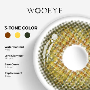 Origin Glow Hazel Brown Color Contacts specifications: 14.2mm diameter, 8.6mm base curve, and 40% water content for daily comfort.