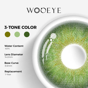 Origin Glow Green Color Contacts specifications: 14.2mm diameter, 8.6mm base curve, and 40% water content for daily comfort.