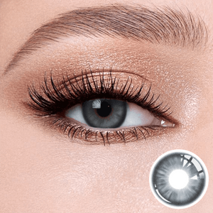 Peach Brown contact lenses on the eyes, close-up of the product on the lower right