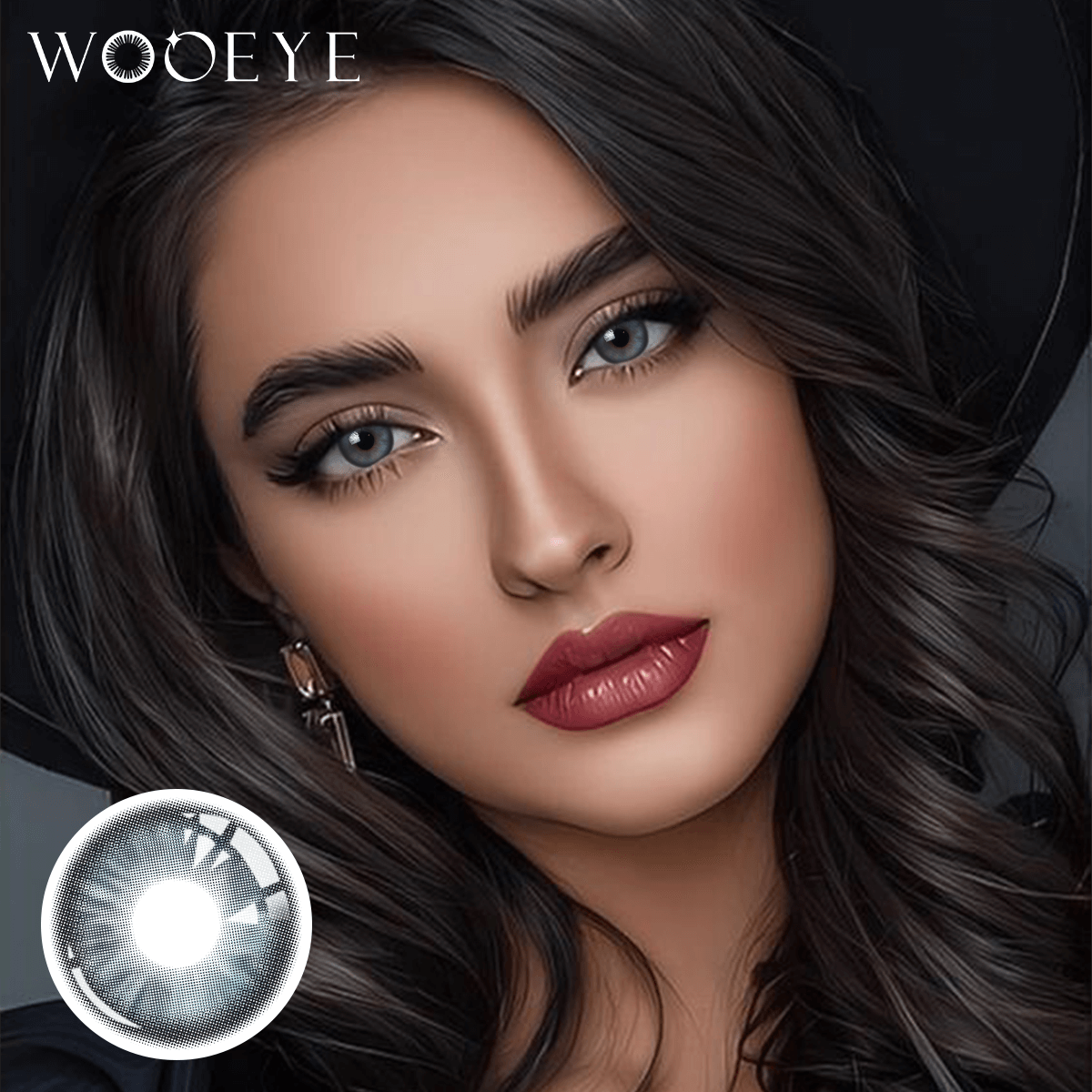 The girl's face is looking straight ahead, the upper left is the Wooeye logo, and the lower left is a close-up of the Peach Brown contact lens