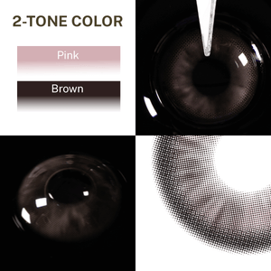 Close-up of the black background and edge details of the Peach Brown contact lens, two colors of the product on the upper left