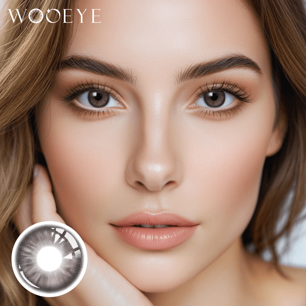 The girl's face is looking straight ahead, the upper left is the Wooeye logo, and the lower left is a close-up of the Peach Brown contact lens