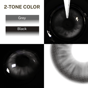 Close-up of the black background and edge details of the Peach Gray contact lens, two colors of the product on the upper left