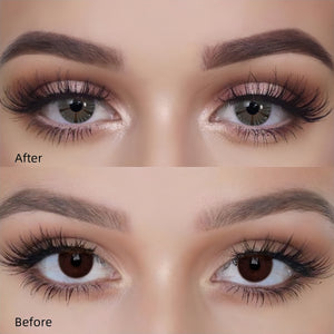 Before and after wearing Plato Gray Contact Lenses