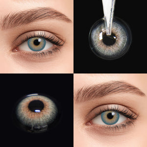 Brown eyes wearing Pola Blue Contact Lenses