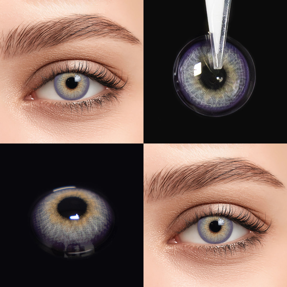 Brown eyes wearing Pola Purple Contact Lenses