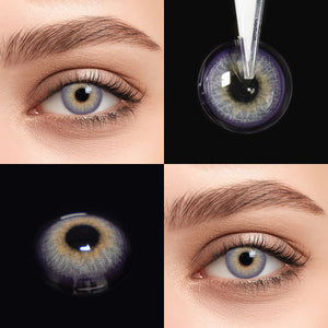Brown eyes wearing Pola Purple Contact Lenses