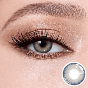 Queen Blue contact lenses on the eyes, close-up of the product on the lower right