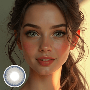 The girl's face is looking straight ahead, the upper left is the Wooeye logo, and the lower left is a close-up of the Queen Blue contact lens