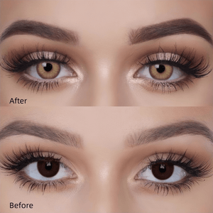 The top is a close-up of the eye effect with Queen Brown III contact lenses, and the bottom is the natural effect
