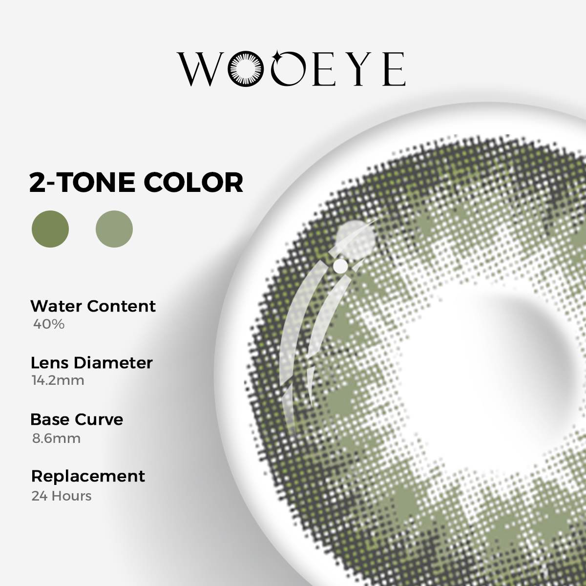 Queen Green II Color Contacts specifications: 14.2mm diameter, 8.6mm base curve, and 40% water content for daily comfort.