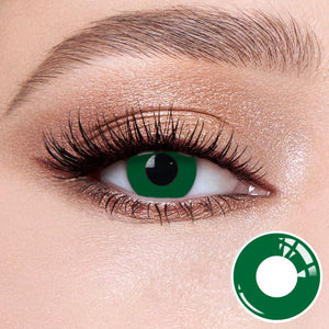 The effect of wearing Ring Green Contact Lenses, with a close-up of the product in the lower right corner