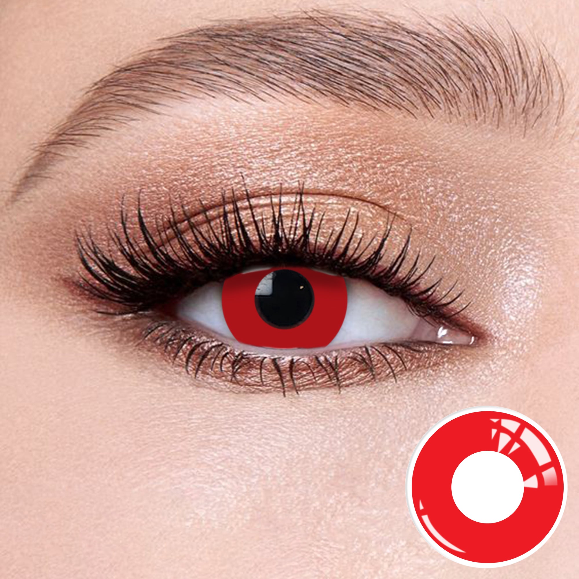 The effect of wearing Ring Red Contact Lenses, with a close-up of the product in the lower right corner
