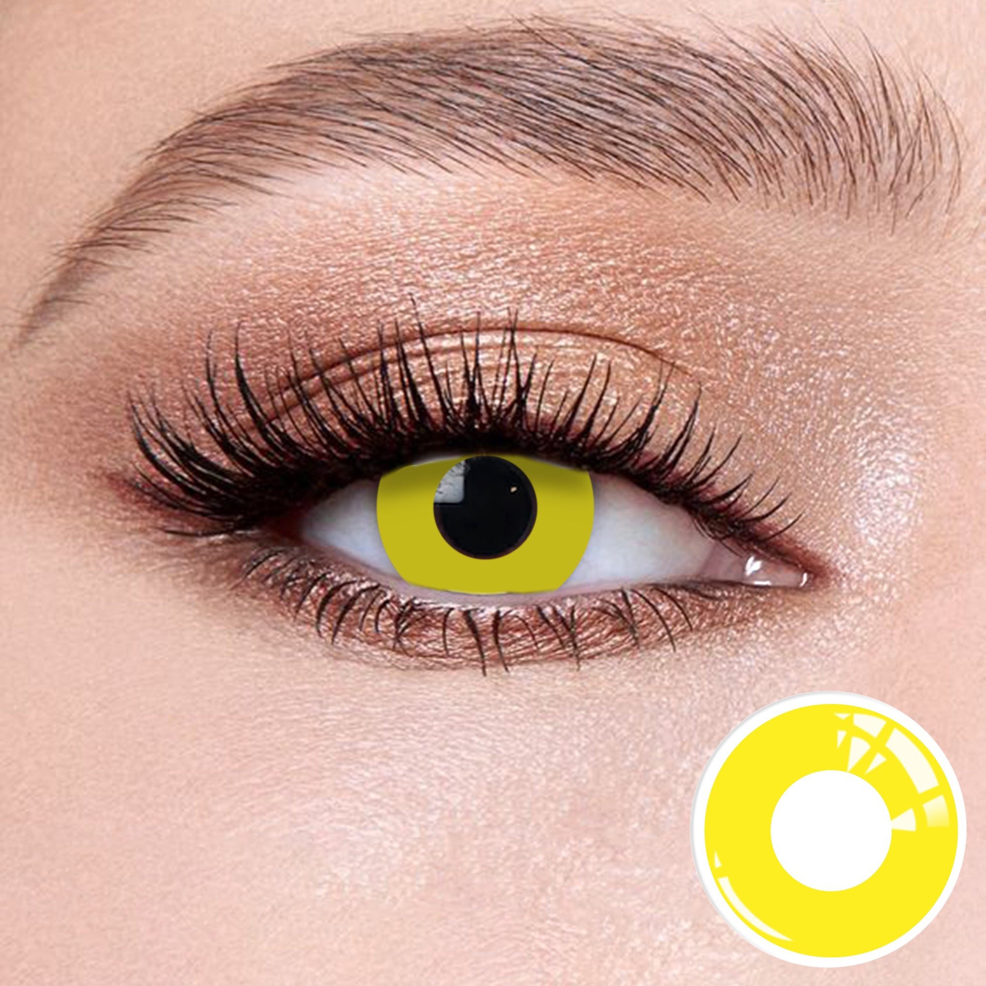 The effect of wearing Ring Yellow Contact Lenses, with a close-up of the product in the lower right corner