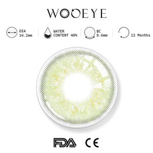 Russian green product specifications, Wooeye logo on top, FDA and CE certification marks on bottom