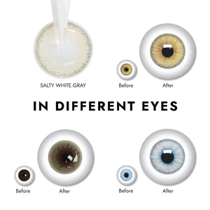Effect display of wearing Salty White Gray Contact Lenses for different eye colors