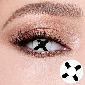 The effect of wearing Satan Contact Lenses, with a close-up of the product in the lower right corner