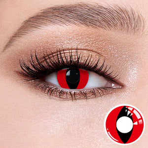The effect of wearing Satan I Contact Lenses, with a close-up of the product in the lower right corner