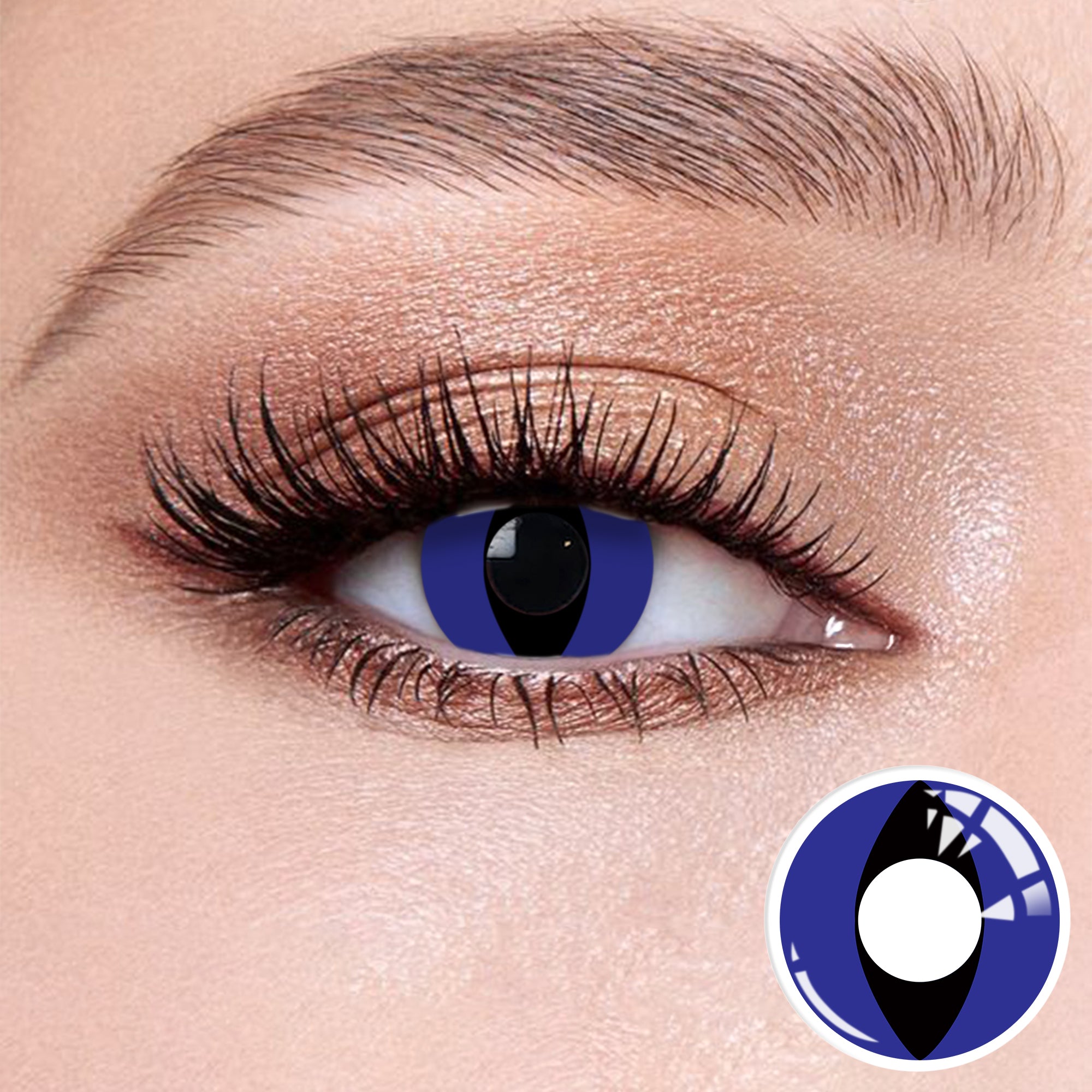 The effect of wearing Satan II Contact Lenses, with a close-up of the product in the lower right corner