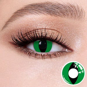 The effect of wearing Satan III Contact Lenses, with a close-up of the product in the lower right corner