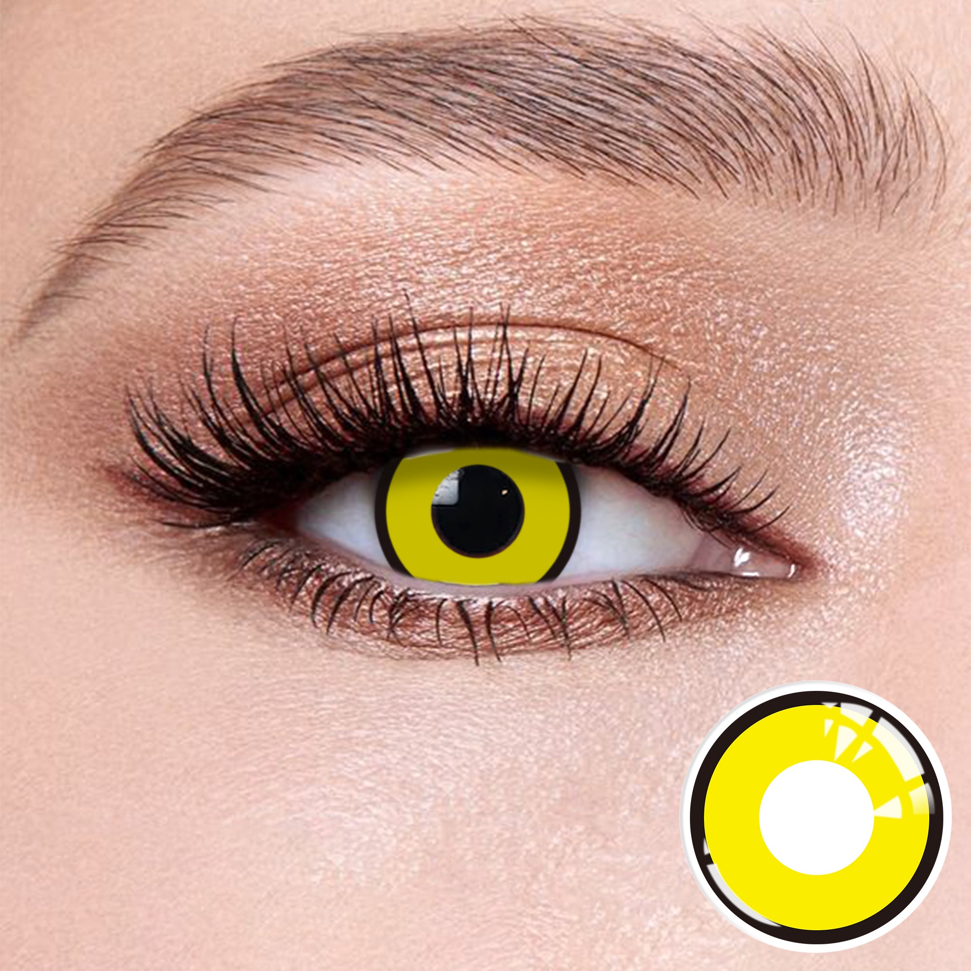 The effect of wearing Satan Ⅳ Contact Lenses, with a close-up of the product in the lower right corner