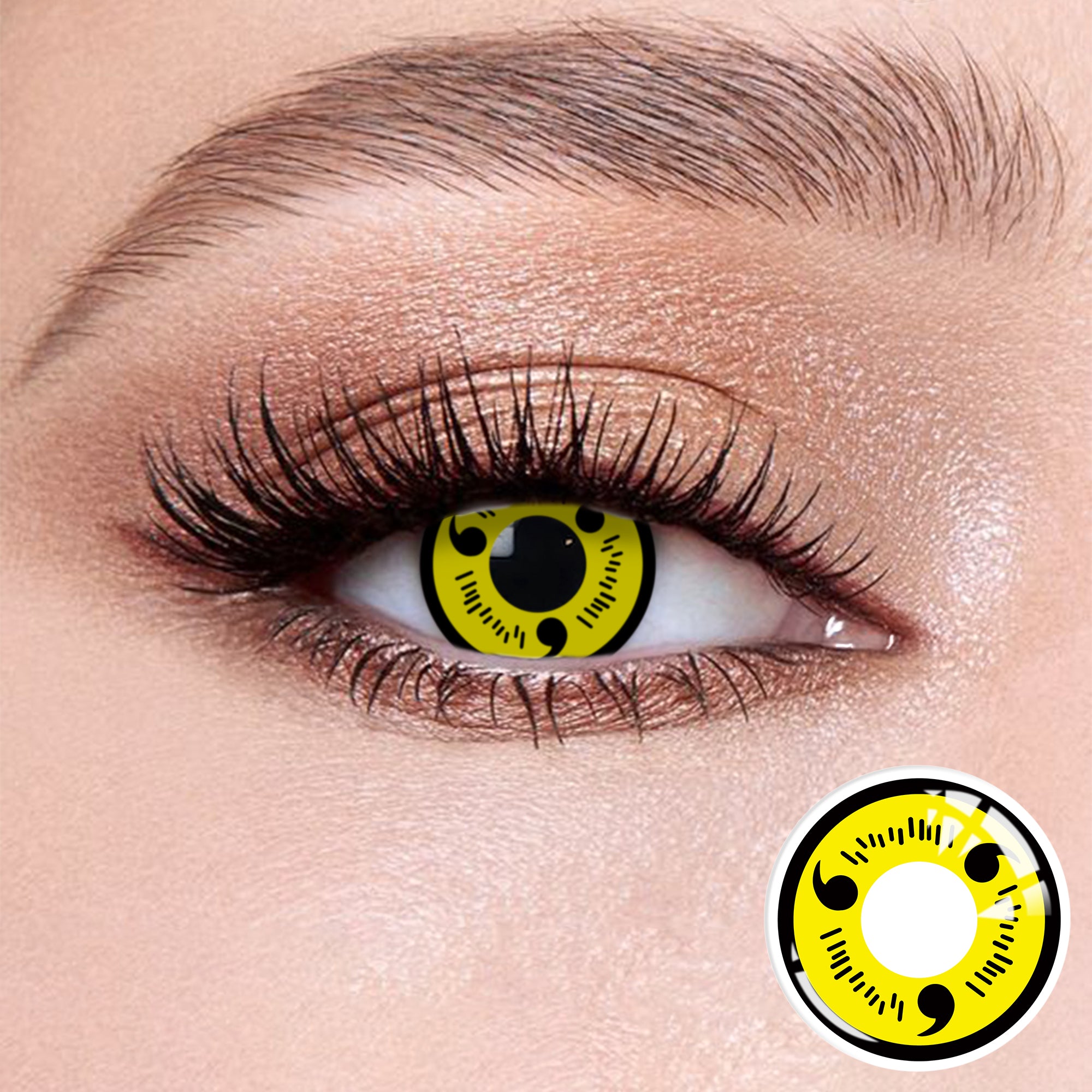 The effect of wearing Yellow Sharingan Contact Lenses, with a close-up of the product in the lower right corner