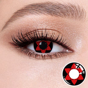 The effect of wearing mangekyou sharingan Contact Lenses, with a close-up of the product in the lower right corner