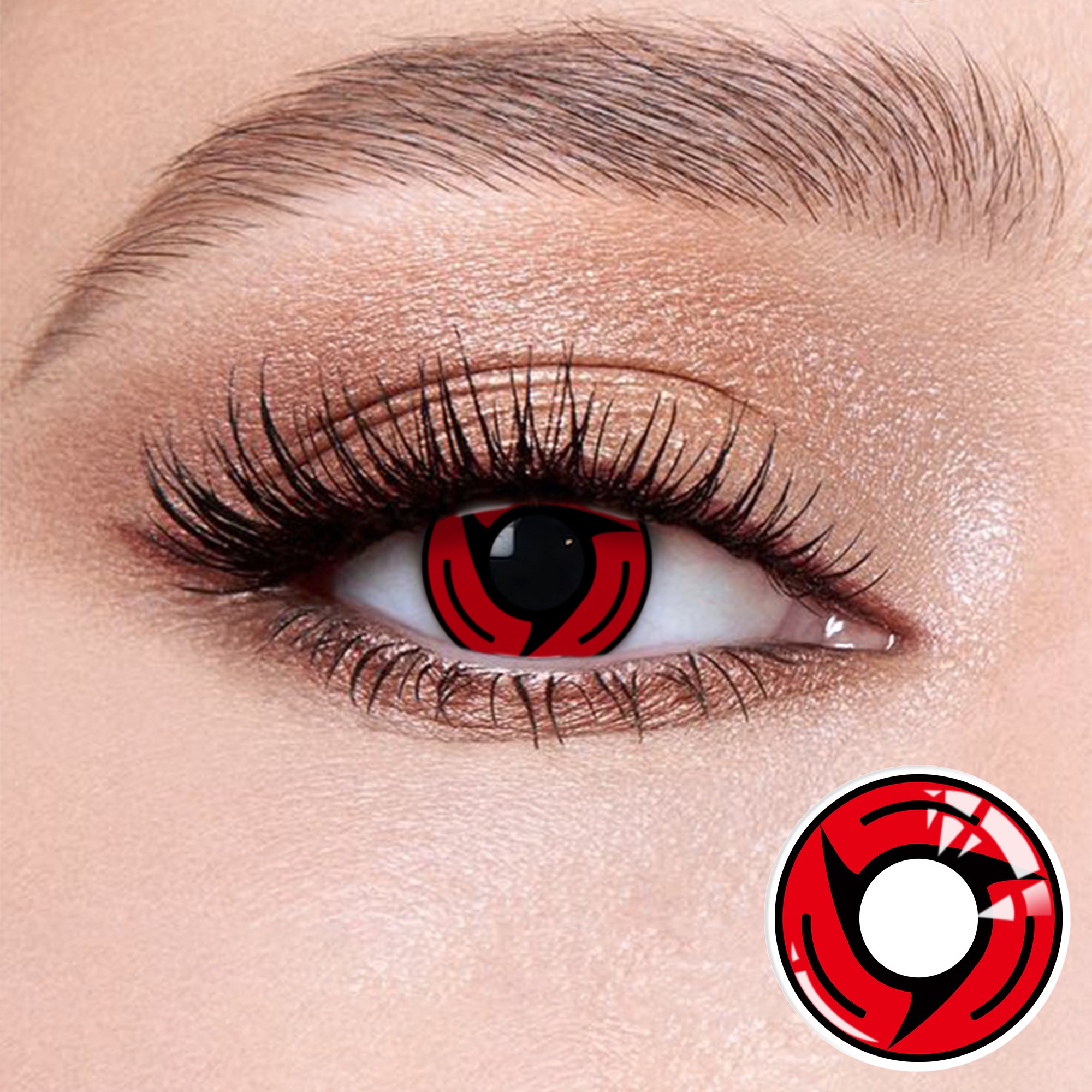 The effect of wearing Sharingan Contact Lenses, with a close-up of the product in the lower right corner