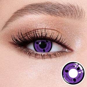 The effect of wearing Sharingan Contact Lenses, with a close-up of the product in the lower right corner