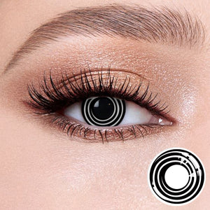 The effect of wearing Sharingan Ⅳ Contact Lenses, with a close-up of the product in the lower right corner