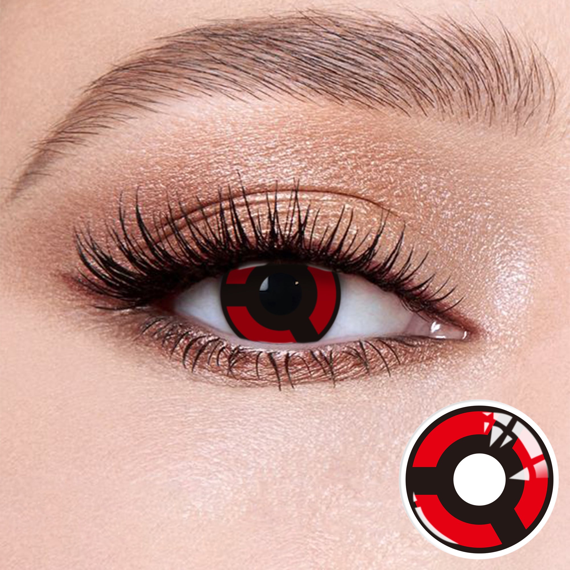 The effect of wearing Izuna Mangekyō Sharingan Contact Lenses, with a close-up of the product in the lower right corner