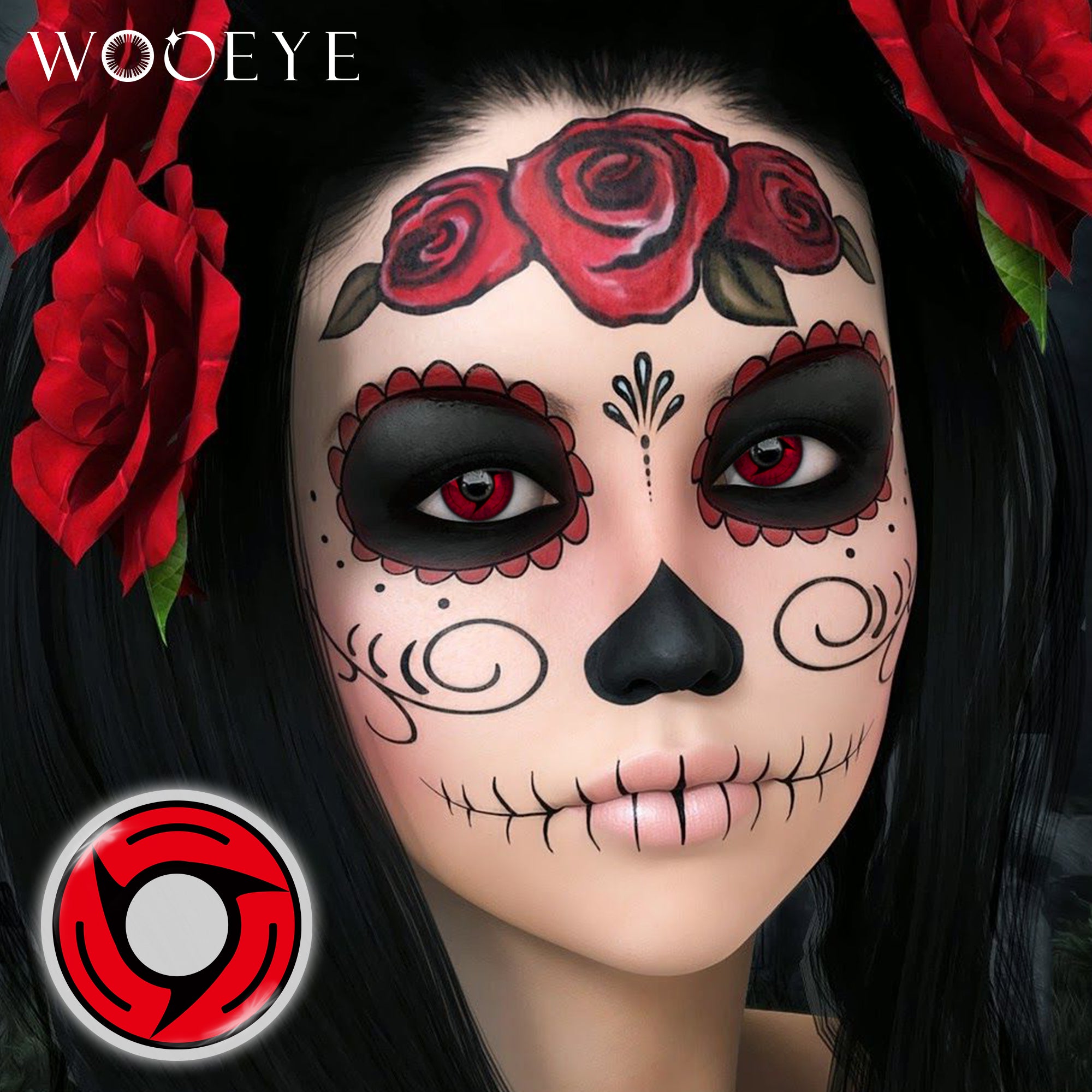 Model wearing Sharingan Contact Lenses