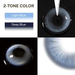Close-up of the black background and edge details of the Snowfall Blue contact lens, two colors of the product on the upper left
