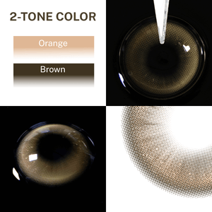 Close-up of the black background and edge details of the Snowfall Brown contact lens, two colors of the product on the upper left