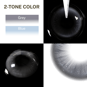 Close-up of the black background and edge details of the Snowfall Gray Blue contact lens, two colors of the product on the upper left