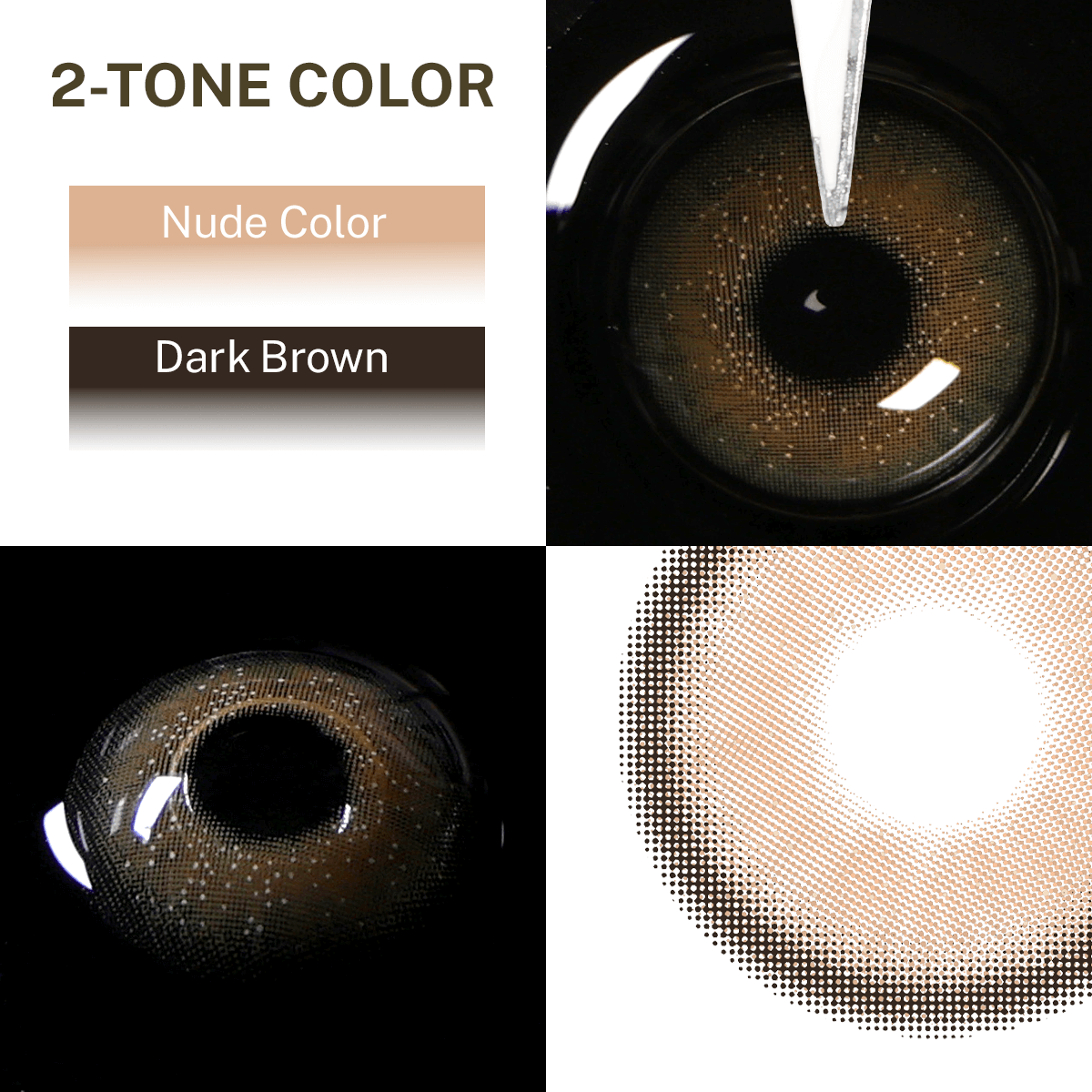 Close-up of the black background and edge details of the Star Brown contact lens, two colors of the product on the upper left