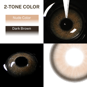Close-up of the black background and edge details of the Star Brown contact lens, two colors of the product on the upper left