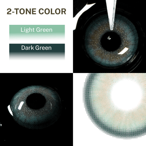 Star Green 2-Tone Colored Contact Lenses showing light and dark green shades, close-up on eye, and lens texture