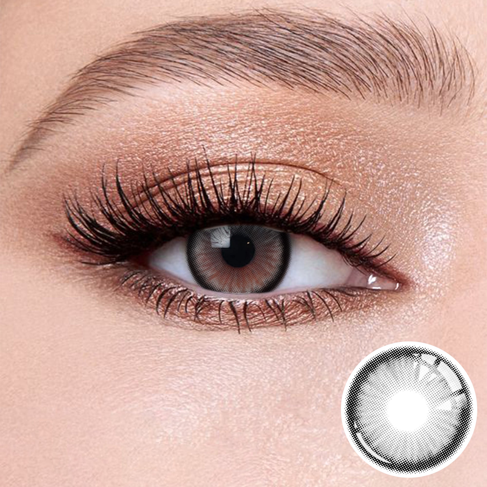 The effect of wearing Sugar Grey Contact Lenses, with a close-up of the product in the lower right corner