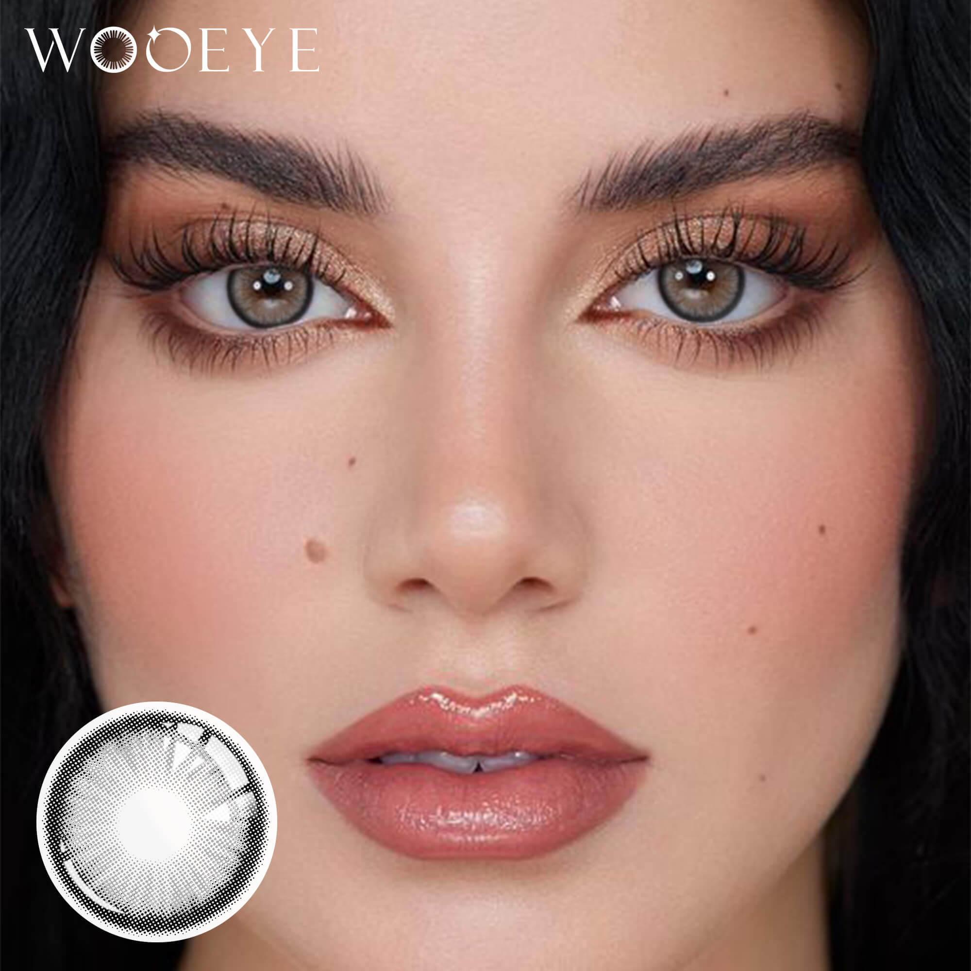 The girl's face is looking straight ahead, the upper left is the Wooeye logo, and the lower left is a close-up of the Sugar Grey contact lens