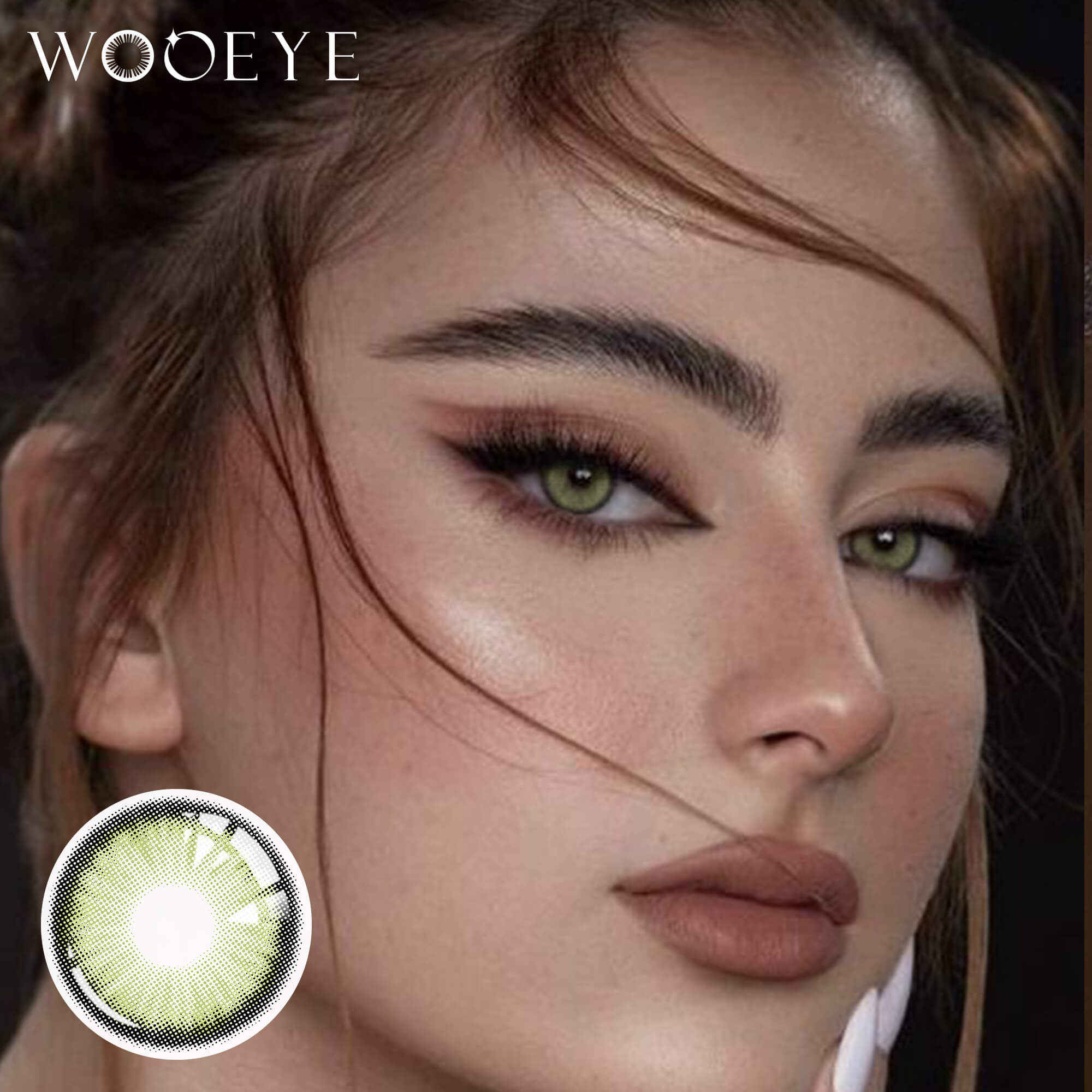 The girl's face is looking straight ahead, the upper left is the Wooeye logo, and the lower left is a close-up of the Sugar Green contact lens