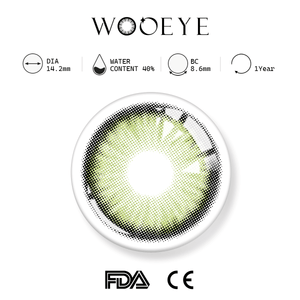 Sugar Green Color Contacts specifications: 14.2mm diameter, 8.6mm base curve, and 40% water content for daily comfort.