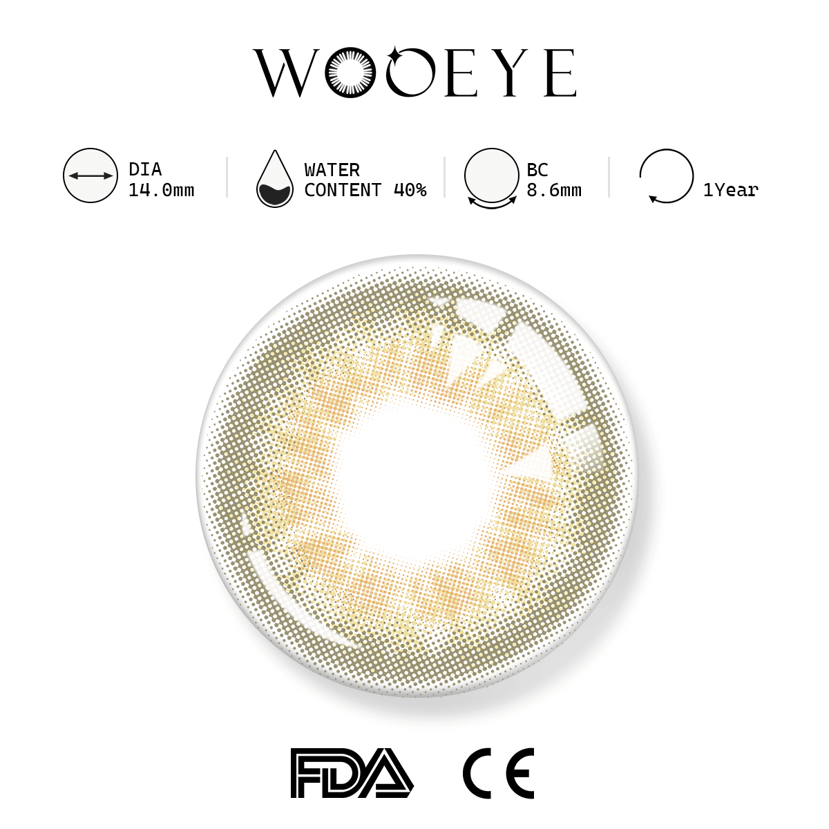 Taylor Brown product specifications, Wooeye logo on top, FDA and CE certification marks on bottom