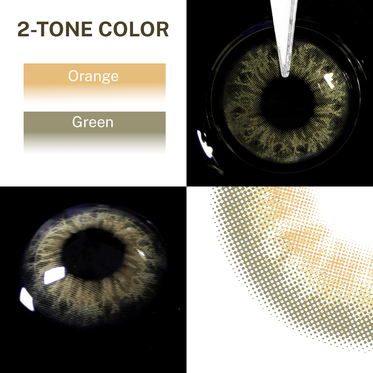 Close-up of the black background and edge details of the Taylor Brown contact lens, two colors of the product on the upper left