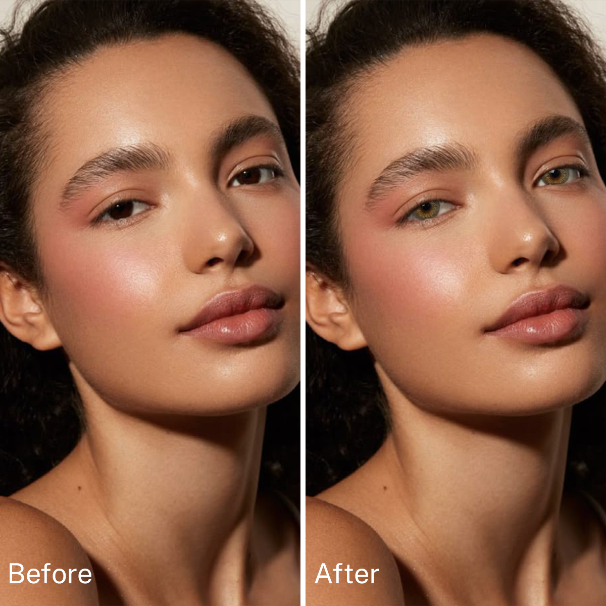 Girl wearing Taylor Brown contact lenses before and after effect